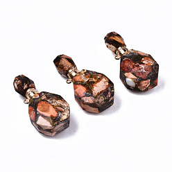 Sandy Brown Assembled Synthetic Bronzite and Imperial Jasper Openable Perfume Bottle Pendants, with Light Gold Brass Findings, Dyed, Sandy Brown, Capacity: 1ml(0.03 fl. oz), 39~40x19.5x13.5mm, Hole: 1.8mm