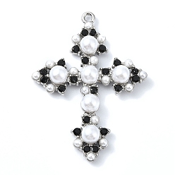 Platinum Rack Plating Alloy with ABS Imitation Pearl Pendants, with Rhinestone, Cross, Platinum, 42x31x6mm, Hole: 1.6mm
