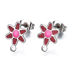 FireBrick 304 Stainless Steel Enamel Stud Earring Findings, with Loop and Ear Nuts/Earring Backs, Flower, FireBrick, 12.5x9mm, Hole: 1mm, Pin: 0.8mm