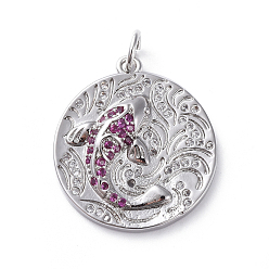 Платина Латунные микро проложить кубического циркония подвески, долговечный, плоские круглые и рыба, ярко-розовый, Реальная платина, 19x21x4 мм, отверстие : 3.5 мм