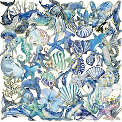 Небесно-голубой 50шт. наклейки с морскими животными и мультяшными персонажами, самоклеящиеся наклейки, для чемодана, скейтборде, холодильник, шлем, голубой, 50~75x40~63x0.1 мм