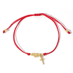 Красный Браслеты для пары из латуни с подвесками в виде сердца и креста, регулируемые браслеты из плетеного волоконного шнура, золотые, красные, 11.02 дюйм (28 см)