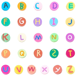 Mixed Color 200Pcs Handmade Polymer Clay Beads, Flat Round with Letter A~Z, with Elastic Thread, Mixed Color, 10x5mm, Hole: 1.4mm, 200pcs