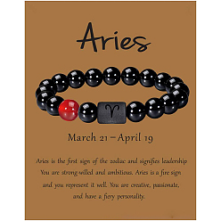 Овен 12 созвездие натуральные круглые сердоликовые бусины эластичные браслеты, с круглыми бусинами из черного агата, Овен, 3/8x2-3/8 дюйм (1x6 см)
