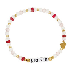 Красный Браслеты из стеклянных бусин-ронделей, квадрат со словом любовь ювелирные изделия для женщин, граненые, красные, внутренний диаметр: 2-3/8 дюйм (6 см)