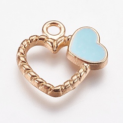 Светло-Голубой Подвески из эмали и сплава, сердце, золотые, Небесно-голубой, 18x18x2.5 мм, отверстие : 2 мм