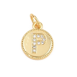 Letter P Breloques en laiton zircon cubique transparent, rond plat avec breloques en forme de lettre, plaqué longue durée, sans plomb et sans cadmium, crémaillère plaquage, réel 18 k plaqué or, lettre p, 12.5x10x1.5mm, Trou: 3mm