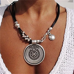 Античное Серебро Ожерелья с подвесками из плоского круглого сплава в стиле бохо с вощеной искусственной кожей, античное серебро, 13.58 дюйм (34.5 см)