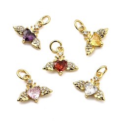 (52) Непрозрачная лаванда Подвески в форме сердца с крыльями из латуни с микропаве из кубических цирконий, стойки покрытие, долговечный, без кадмия и без свинца, золотые, с целью перехода в кольце, разноцветные, 12x14x3 мм, отверстие : 3.3 мм