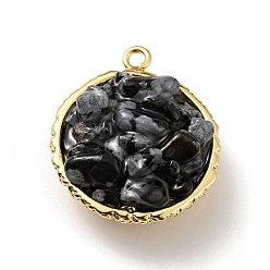 Снежный Обсидиан Подвески из обсидиана из натуральной снежинки, с реечным покрытием из латуни с покрытием из настоящего золота 18k, круглые, без кадмия, без никеля и без свинца, 24x20x10~13 мм, отверстие : 1.8 мм