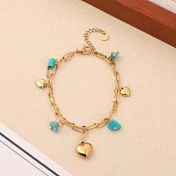 Синтетическая Бирюза Браслеты с подвесками в виде сердца 304 из нержавеющей стали и синтетической бирюзы, 304 Двухслойный браслет из нержавеющей стали в виде цепочки из скрепки и рифленой цепочки для женщин, золотые, 6.69 дюйм (17 см)