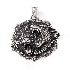 Antique Silver Tibetan Style 304 Stainless Steel Pendants, Wolf, Antique Silver, 49x47.5x7.5mm, Hole: 8x4mm