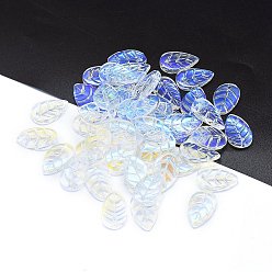 Clear AB Transparent Glass Pendants, Leaf Charms, Clear AB, 18x11x3mm, Hole: 1.2mm