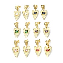 Mixed Color Heart Clear Cubic Zirconia Dangle Stud Earrings, Real 18K Gold Plated Brass Jewelry for Women, Mixed Color, 38x16mm, Pin: 0.7mm