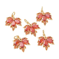 Real 18K Gold Plated SHEGRACE Brass Micro Pave Cubic Zirconia Pendants, Autumn Leaf Charms, Cadmium Free & Nickel Free & Lead Free, Red, Real 18K Gold Plated, 17x16x3mm, Hole: 3.5mm