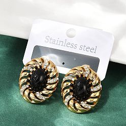 Золотой Овальные 304 из нержавеющей стали серьги стержня, со стеклом и горным хрусталем, золотые, 28x23.5 мм