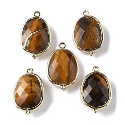 Тигровый глаз Натуральный тигровый глаз граненые овальные подвески-коннекторы, с латунной фурнитурой , золотые, стойки покрытие, 22x13.5x6 мм, отверстие : 1.4 мм