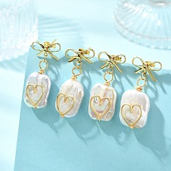 Golden Brass & Natural Baroque Pearl Keshi Pearl Stud Dangle Earrings, Bowknot & Rectangle, Golden, 33~35x15mm
