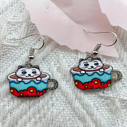 Разноцветный Сплав мотаться серьги, чашка в форме кошки, серебряные, красочный, 38 мм