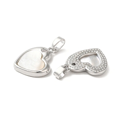 Platinum Natural White Shell Heart Pendants, Brass Love Heart Charms, Platinum, 16x13x2.5mm, Hole: 5x3mm