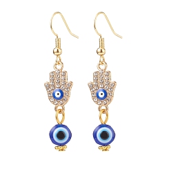Hamsa Hand Серьги с подвесками из кристаллов и страз с эмалью от сглаза, серьги-подвески из латуни с бусинами из смолы для женщин, золотые, Hamsa hand pattern, 48 мм, штифты : 0.7 мм