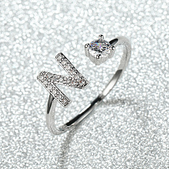 Letter N Манжеты из латуни с микро паве кубический цирконий для женщин, открытые кольца, платина, Письмо N, внутренний диаметр: 16~19 мм