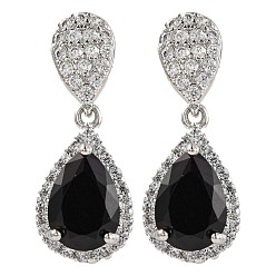 Черный Серьги-гвоздики из латуни с микропаве и кубическим цирконием, покрытие стойки, слеза, чёрные, 24x10 мм