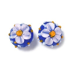 Синий Эмалевые бусины ручной работы в технике лэмпворк, бусины ручной работы, шероховатая круглая с цветком, синие, 14x10.5~12 мм, отверстие : 1.5 мм