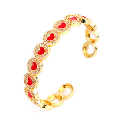 Golden Brass Micro Pave Clear Cubic Zirconia and Enamel Cuff Bangles, Flat Round with Red Heart, Golden, Inner Diameter: 2.09 inch(5.3cm)