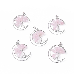Розовый Кварц Естественно розового кварца большие кулоны, с латунной фурнитурой платинового цвета, луна с деревом, 50~53x41~43x8~10 мм, отверстие : 7x5 мм