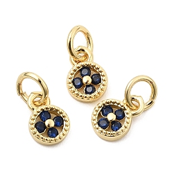 Синий Латунные микро проложить кубического циркония подвески, плоский круг с подвеской в виде клевера, без свинца и без кадмия, долговечный, стойки покрытие, реальный 18 k позолоченный, синие, 8x6x2 мм, Перейти кольцо: 5x1 мм, внутренний диаметр: 3 мм