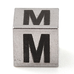 Letter M Устойчивые к потускнению 201 европейские бусины из нержавеющей стали, бусины с большим отверстием, куб с английской буквой, цвет нержавеющей стали, Буква М, 7x7x7 мм, отверстие : 5 мм