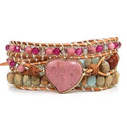 Смешанные камни Многорядные браслеты в стиле бохо с натуральным родохрозитом и бусинами шоушан, плетеные браслеты из бисера для женщин, внутренний диаметр: 2-3/8 дюйм (6 см)