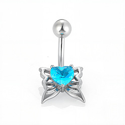 Бабочка 316l хирургическая нержавеющая сталь с глубоким небесно-голубым кубическим цирконием изогнутые кольца для живота, цвет нержавеющей стали, бабочка, длина стержня: 3/8"(10мм), штифты : 1.6 мм