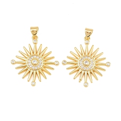 Настоящее золото 18K Латунные микропаве прозрачные подвески с фианитом, без кадмия и без свинца, стойки покрытие, долговечный, солнечные чары, реальный 18 k позолоченный, 28x25x3 мм, отверстие : 3x5 мм