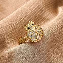 Настоящее золото 18K Латунные микропаве кубические цирконии регулируемые открытые манжеты кольца для женщин, без кадмия и без свинца, насекомое, реальный 18 k позолоченный, внутренний диаметр: регулируемый, лоток : 17x14.5 мм