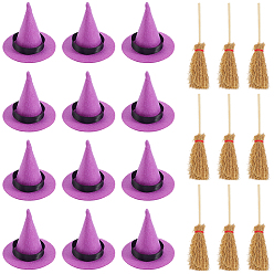 (52) Непрозрачная лаванда 12 шт. мини-шляпы ведьмы из полиэстера, с 12 шт. деревянная мини-метла ведьмы метла соломенная метла, разноцветные, 69x68 мм