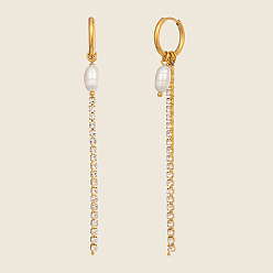 Настоящее золото 18K Овальные 304 серьги-кольца из нержавеющей стали и пресноводного жемчуга, цепочка-оберег, реальный 18 k позолоченный, 87x15.8 мм