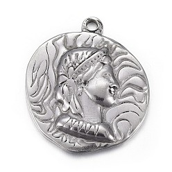 Antique Silver 304 Stainless Steel Pendants, Flat Round with Marianne, Antique Silver, 25x22x3mm, Hole: 1.8mm