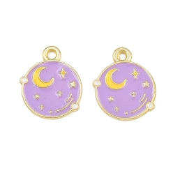 Lila Colgantes de la aleación del esmalte, encantos de la luna, dorado, lila, 16x13x1 mm, agujero: 1.6 mm