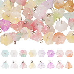 Mixed Color 38Pcs Glass Charms, Flower, with Platinum Tone Brass Loop & Glitter Powder, Gradient Color, Mixed Color, 10.5x11mm, Hole: 2mm