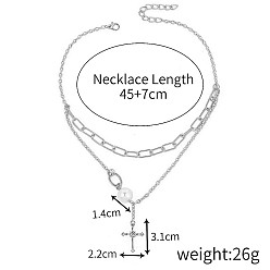 Платина Ожерелья с крестом из сплава и круглого искусственного жемчуга, двухслойные, для женщин, белые, платина, 17.72 дюйм (45 см), Кулон : 31x22 мм
