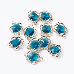 Steel Blue Glass Links connectors, with Eco-Friendly Alloy Open Back Berzel Findings, Faceted, Flower, Light Gold, Steel Blue, 15.5x12x4mm, Hole: 1.4mm