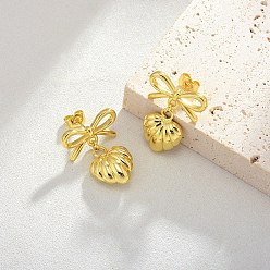 Золотой Латунные качают серьги, бантом с сердцем, золотые, 30x22 мм