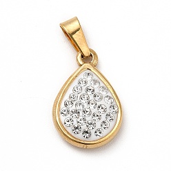 Golden Polymer Clay Rhinestone Pendant, with PVD Vacuum Plating 201 Stainless Steel, Teardrop Charms, Golden, 17x12x4mm, Hole: 5x2.5mm