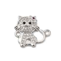 Платина Подвески-коннекторы в форме кошки с черными и прозрачными кубическими цирконами из латуни с микропаве, ссылки на котят, стойки покрытие, долговечный, без кадмия и без свинца, платина, 15.5x17.5x3.5 мм, отверстие : 1.6 мм