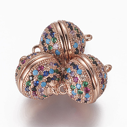Розовое Золото Магнитные застежки из латуни с цирконием и микропаве с петлями, круглые, красочный, розовое золото , 16.5x12.5 мм, отверстие : 1.4 мм
