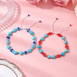 (52) Непрозрачная лаванда 2шт. браслеты из бисера в форме ромба и цилиндра, с сердечками из синтетических бирюзовых бусин и стеклянных бусин, разноцветные, внутренний диаметр: 3-1/8~4-3/4 дюйм (8~12 см), 2 шт / комплект