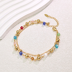 Настоящее золото 18K Элегантные женские браслеты на ногу в винтажном стиле из латуни, круглой и цветной кубической стеклянной цепочки, двухслойные, регулируемые, реальный 18 k позолоченный, 8-1/4 дюйм (210 мм)