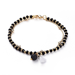 Lava Rock Multi-Strand Bracelets, with Natural Lava Rock Beads and Glass Beads, Brass Cable Chains, Polycotton(Polyester Cotton) Tassel Pendants and Braided Nylon Thread, 7-1/2 inch(19.2cm)